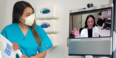 Nurse conducts telehealth visit with doctor. (C) UC Regents. All rights reserved.