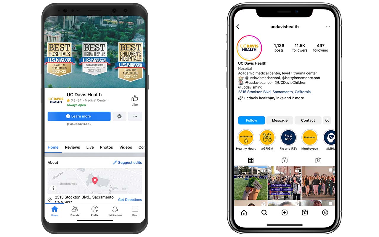 Examples of UC Davis Health Twitter and Facebook accounts on mobile