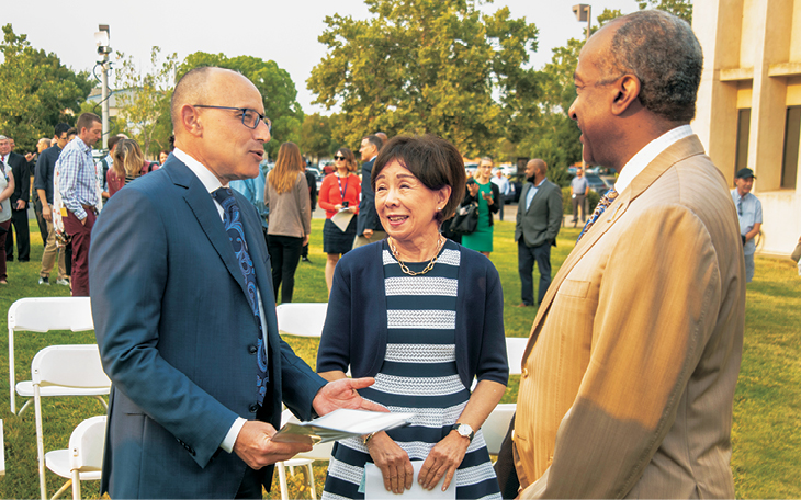 David Lubarsky, Rep. Doris Matsui and UC Davis Chancellor Gary S. May at an August event announcing the UC Davis Rehabilitation Hospital, a second hospital planned at UC Davis Health. The public-private venture will be part of Aggie Square, UC Davis’ recently announced technology and innovation hub just south of UC Davis Medical Center.