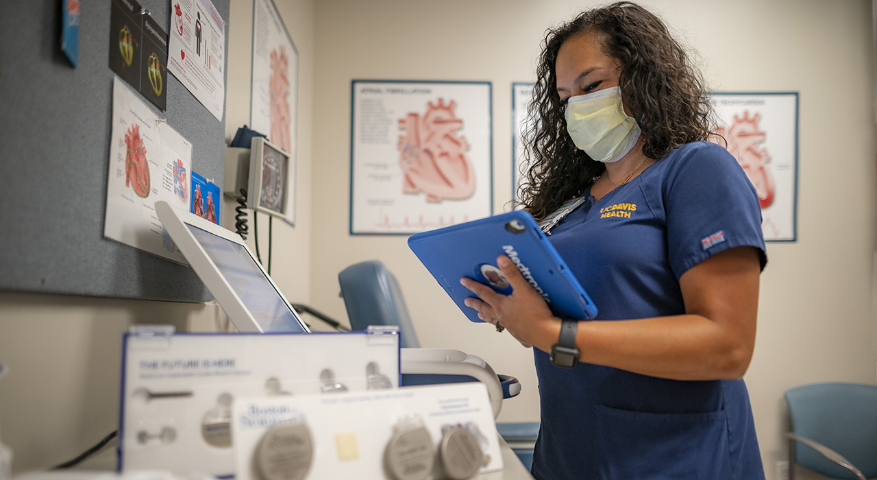 Irene Cisneros-Fong, a 2019 graduate of the Master’s Entry Program in Nursing, at the UC Davis Health Cardiology Clinic