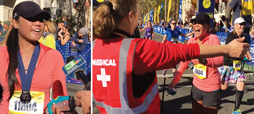 Avid runner Theresa Amurao rejoices after crossing the finish line at the 2017 California International Marathon