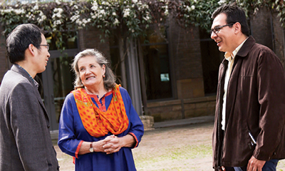 Randi Hagerman with two scholars from the UC Davis MIND Institute’s International Training Program in Neurodevelopmental Disorders, Chinese neurologist Xianlai “Dean” Duan, M.D. and Colombian obstetrician Wilmar Saldarriaga G., M.D., M.S.C. Program scholars develop knowledge and skills in neurodevelopmental intervention to employ and share in their home nations. 