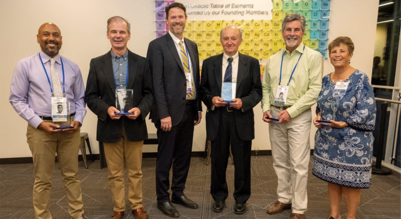 David Inwards-Breland (M.D. ’97), Michael Neely (M.D. ’96), Christopher Longhurst (M.S. ’00, M.D. ’01), Robert E. Fontaine (B.S. ’68, M.D. ’72), Bruce Spurlock (M.D. ’86) and Kathryn (Katy) Carlsen (B.S. ’87, R.S. ’94).