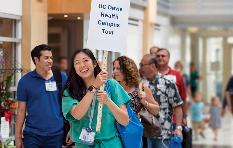 A guided walking tour of the health system’s Sacramento campus kicks off in UC Davis Medical Center’s ultra-modern surgery and emergency services pavilion area. The last decade has seen major expansion projects at the hospital, cancer center, Betty Irene Moore School of Nursing and Center for Health of Technology, among other locations.