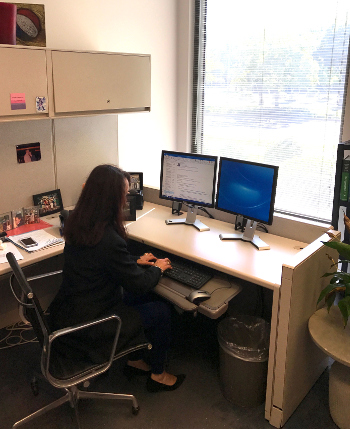 Marjorie Solomon works at her desk