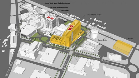 A gray map showing the aerial view of the UC Davis Medical Center with the proposed California Tower installation in yellow..