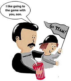 An illustration of a father showing enjoyment by his actions.