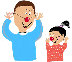 Imitation display of father and daughter both wearing red clown noses