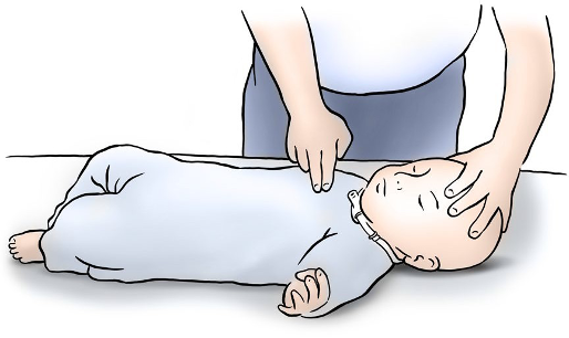 Adult puts two fingers on infant's chest