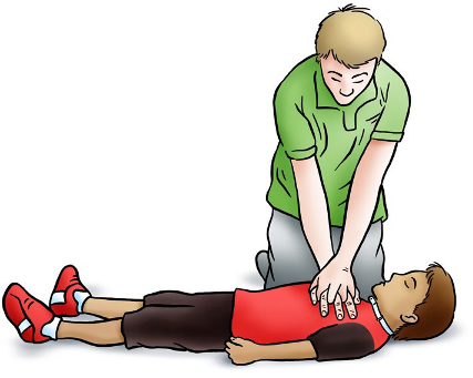 Adult kneels next to child, putting two hands on top of each other onto child's chest for CPR
