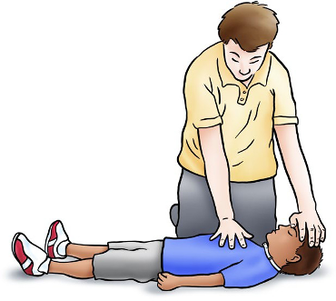Adult kneels and puts one hand on child's head and one hand on child's chest, while child lies down