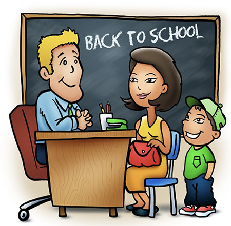 'Back to school' is written on a blackboard and three people stand in front of it