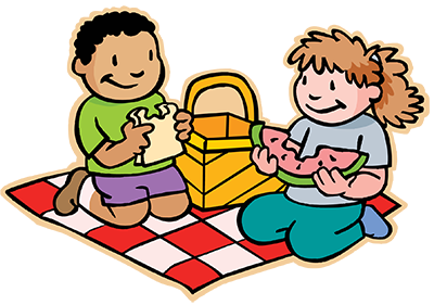 Drawing of child eating sandwich sitting on picnic blanket