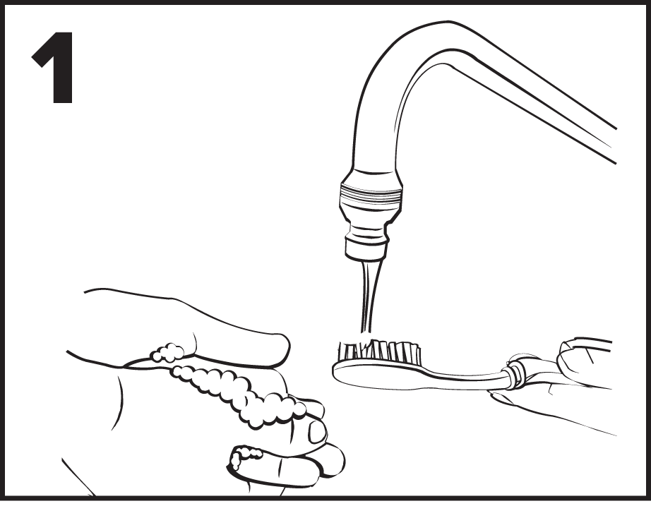 ENFit&reg; Cleaning Procedures step 1 is illustration of washing hands with soap and water and rinsing brush with tap water.