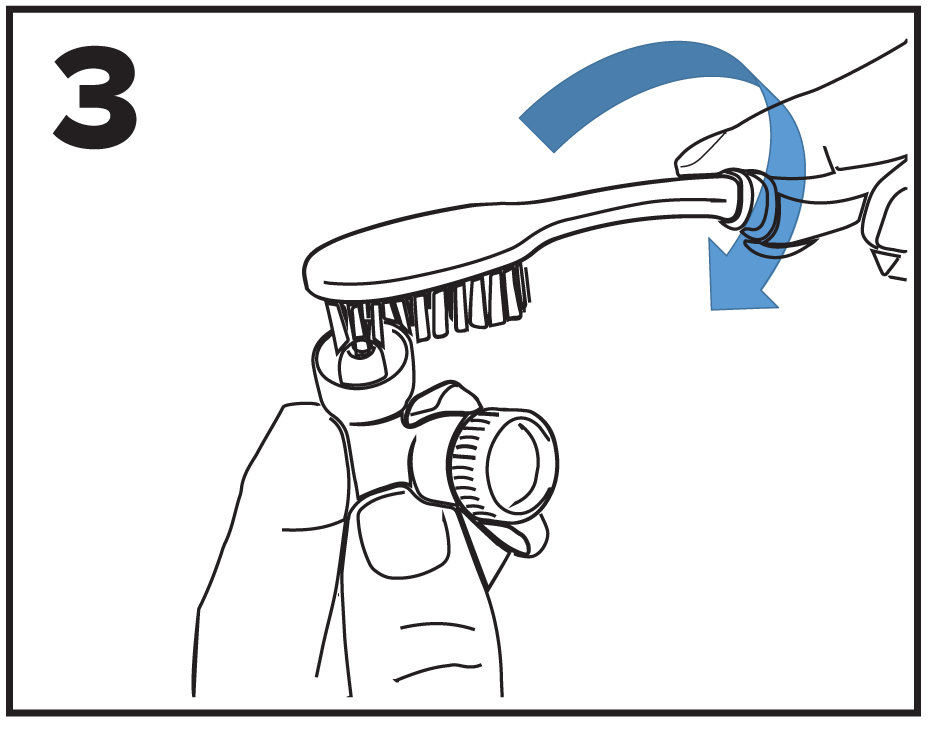 ENFit&reg; Cleaning Procedures step 3 is illustration of toothbrush rotating in bottom of moat and grooves of cap
