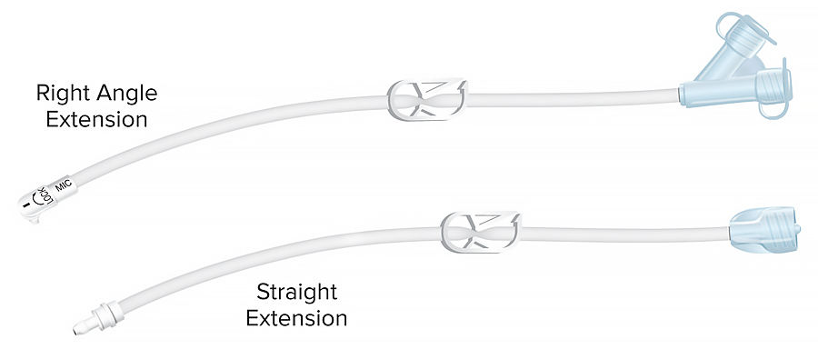 illustration of an extension tube with right angle extension on it. Below it is an illustration of an extension tube with the words straight extension on it