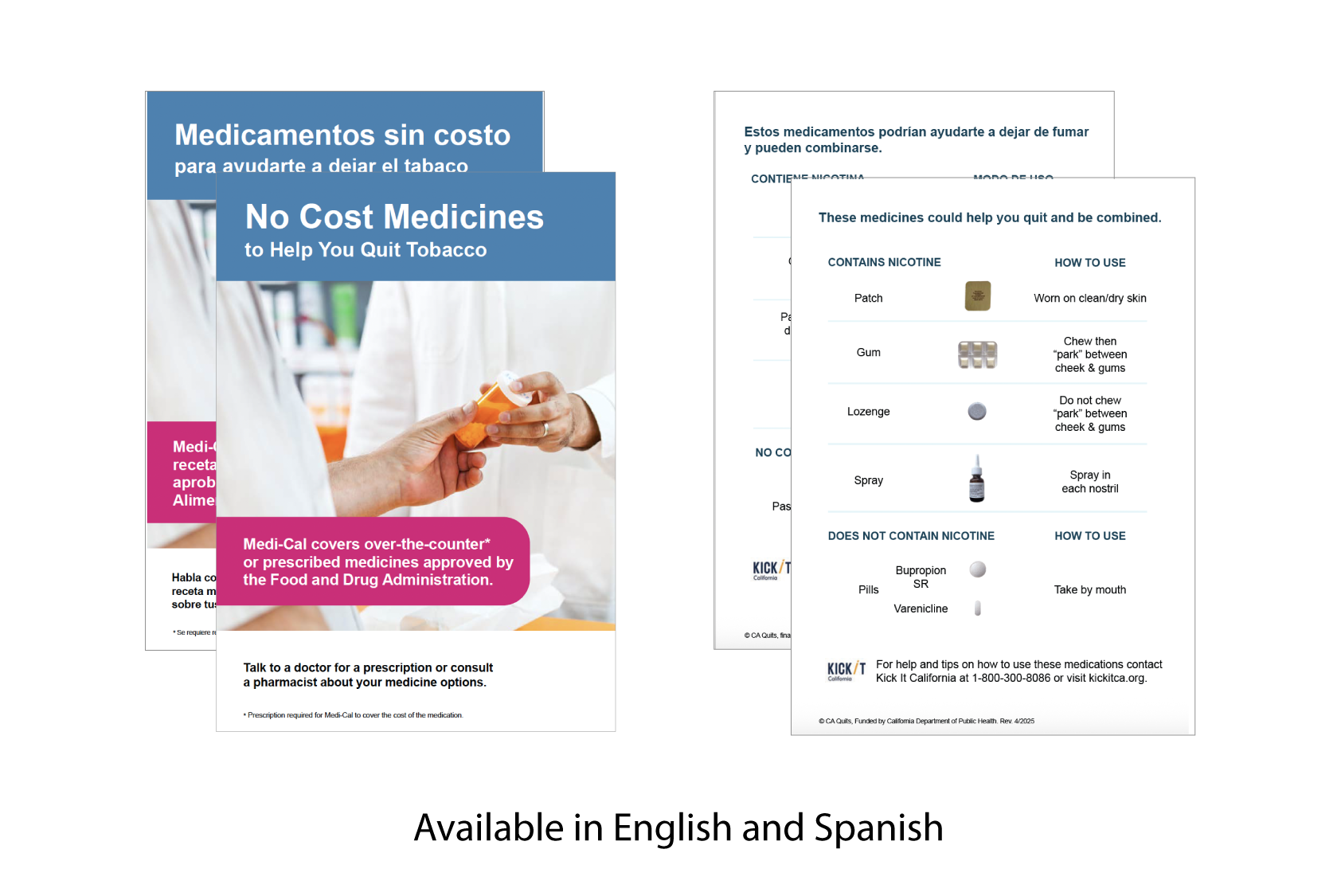 An image of the 2 versions of the no cost tobacco cessation medications in English and Spanish