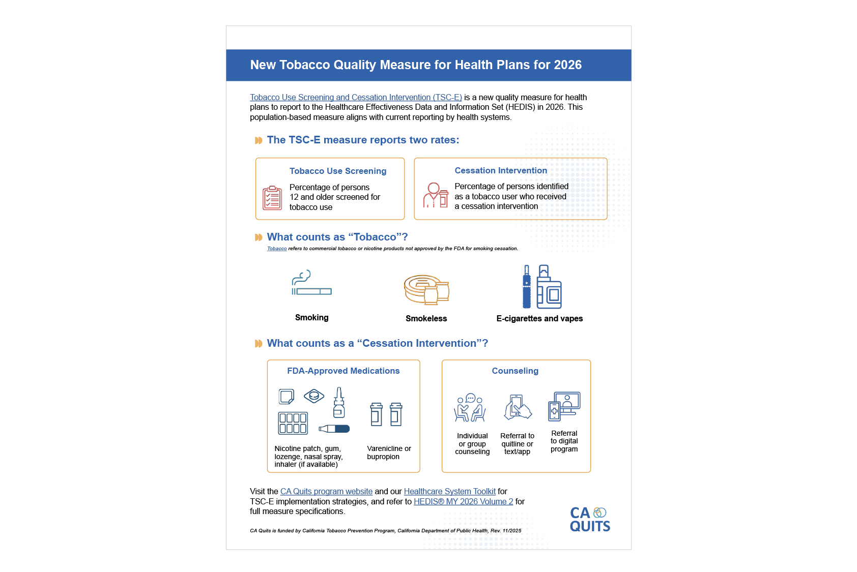 Infographic explaining the 2026 TSC-E tobacco screening and cessation intervention quality measure for health plans