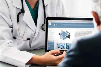 Doctor shows patient information on a computer.