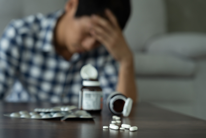 A man buries his head in his hands behind pill bottles on a table. 