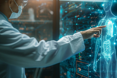 A scientist in a lab coat interacts with a glowing blue digital data stream, representing advanced technology and scientific discovery.