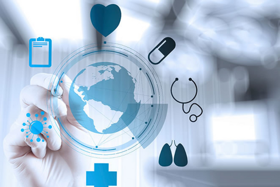 Graphic of a globe surrounded my medical instruments and symbols. 