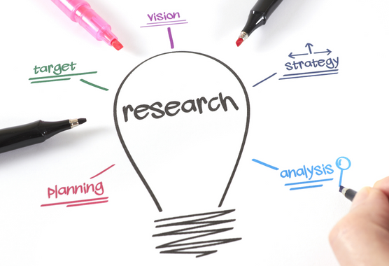 A drawing of a lightbulb with the word 'research' written inside.