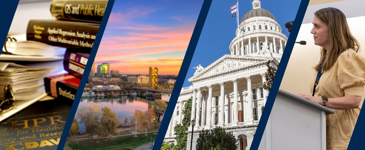 Four images side by side show a stack of books labelled "CHPR," the Sacramento skyline and river, the California State Capitol building, and current CHPR Director Courtney Lyles speaking into a microphone.