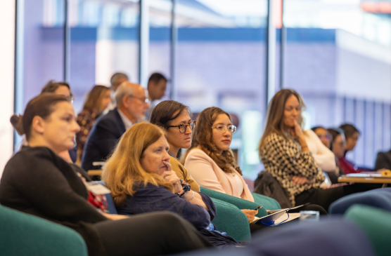 An audience is seated in a row of chairs.
