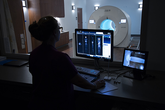 A provider reviewing scans on a computer with a PET scanner in the background.