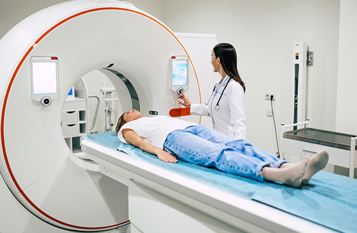 Patient getting a CT scan before pituitary tumor surgery.