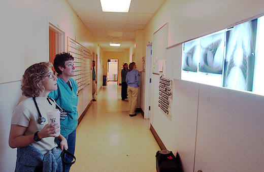 Two female providers looking at chest scans.