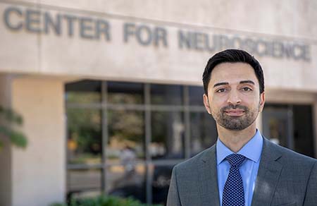 surgeon Kai Shahlaile outside the UC Davis Center for neuroscience 