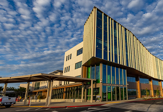 A four-story building with a striking curved and angular design against a blue sky with small white clouds. 