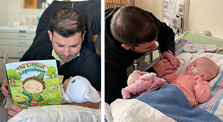 Dad reading a book to Adelyn (left) dad and Adelyn looking at each other