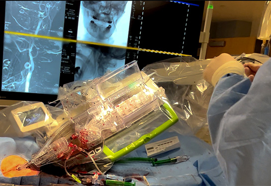 Doctor in front of computer screens with images of a skull