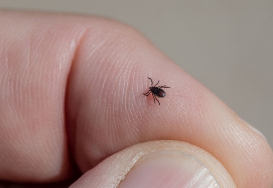 Brown and back insect on human skin