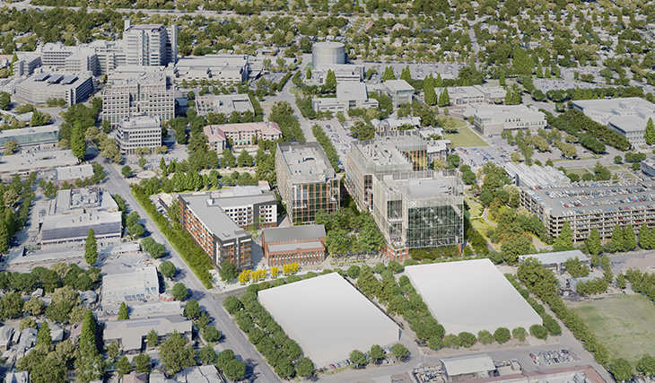 Aerial rendering UC Davis Sacramento campus with building spread out