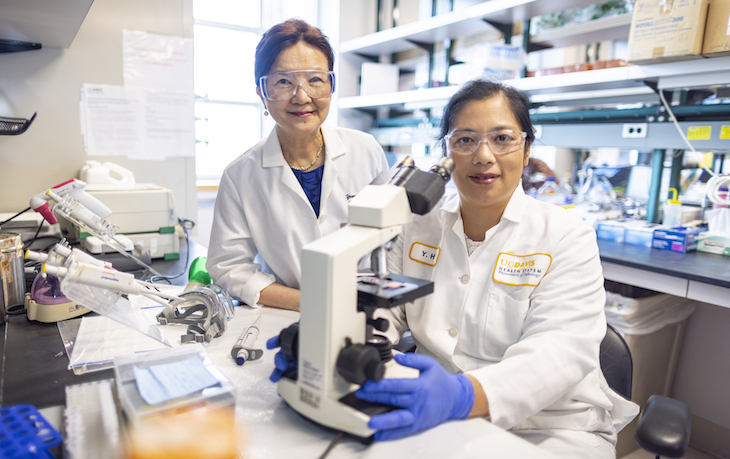 Two women in white coats and safety googles in a laboratory next to a microscope.