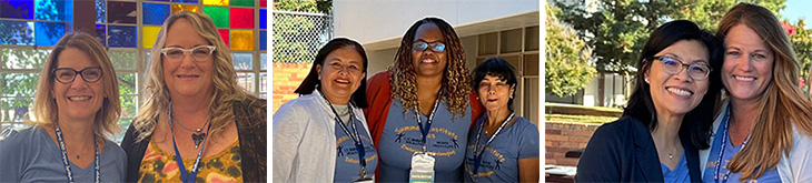 Left: Two women stand next to each other in the lobby of a school, in front of colorful stained glass windows. Center: Three women wearing light blue T-shirts stands with arms around each other in front of a table with a dark blue tablecloth, filled with brochures and flyers. Right: Two women stand outside, with arms around each other, smiling, behind a table draped in a blue cloth and covered with flyers and registration information for an event. 