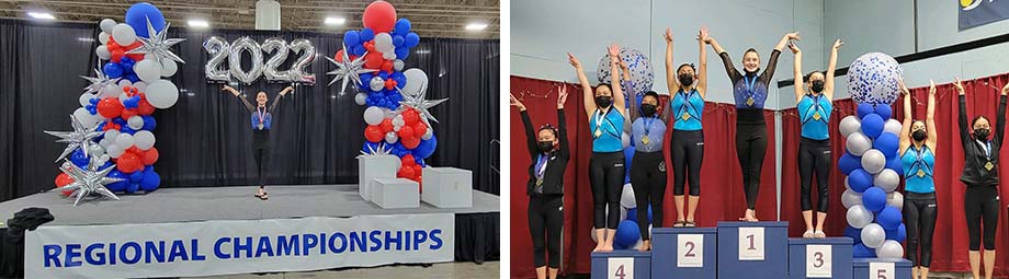 left: Julia at regional gymnastics championships; right: Julia with her teammates