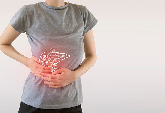 Digital composite of woman in gray shirt suffering from painful liver 