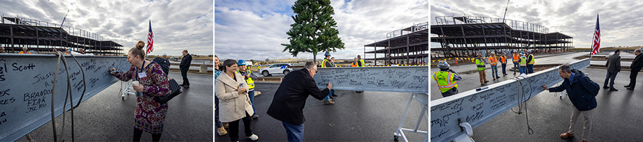 In three images, a man wearing a blank coat, a woman wearing a flowery dress and a man wearing a dark coat and khaki pants lean over to sign a steel beam that is positioned about chest-height. 