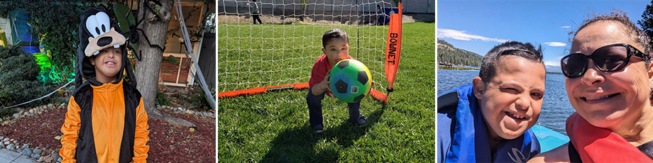 A young boy wears orange and blue and a “Goofy” mask, a young boy catches a soccer ball with the goal behind him, a young boy and his mother wear life jackets on a boat in a lake.