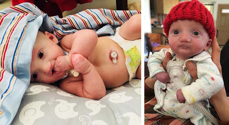 A baby lying on a bed and a baby wearing a red hat.