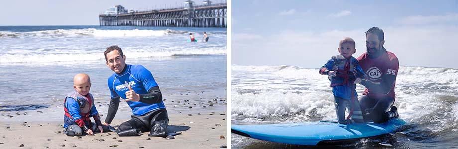 An adult and a child on the beach and surfing 