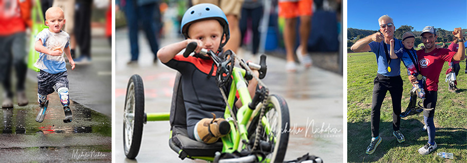 Child with prosthetics running on wet pavement, child hand pedaling a bike and two adults and a child with medals around their necks.