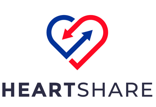 A grapic of a heart formed by red and blue lines with arrows and the words Heartshare at the bottom.