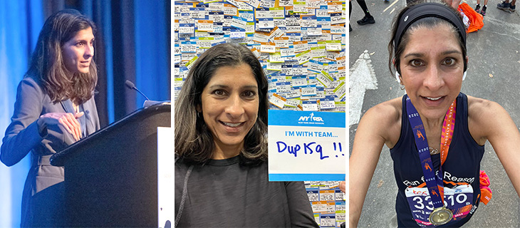 A woman with long, dark hair in three different places:, running a marathon,  holding a sign that says “I’m with team dup15q” and speaking at a podium.