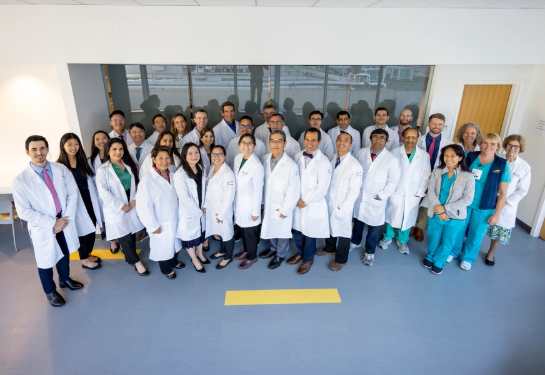 Group of people wearing white lab coats and nursing scrubs stand together looking upward.